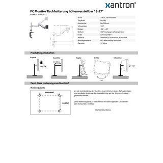 PC Monitor Tischhalterung hhenverstellbar, Xantron TOPLINE-C12