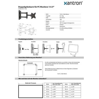 Doppelgelenkarm für PC Monitore 13-27, Xantron ECO-113B