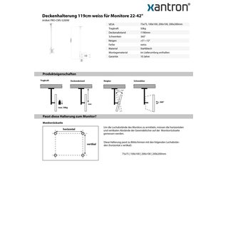 Deckenhalterung 119cm weiss für Monitore 22-42, Xantron PRO-CMS-S200W