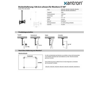 Support plafond 128.5 cm noir pour écrans 37-80, Xantron PRO-CMS-S600B
