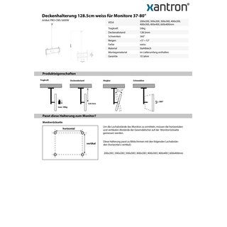 Support plafond 128.5 cm blanc pour écrans 37-80, Xantron PRO-CMS-S600W